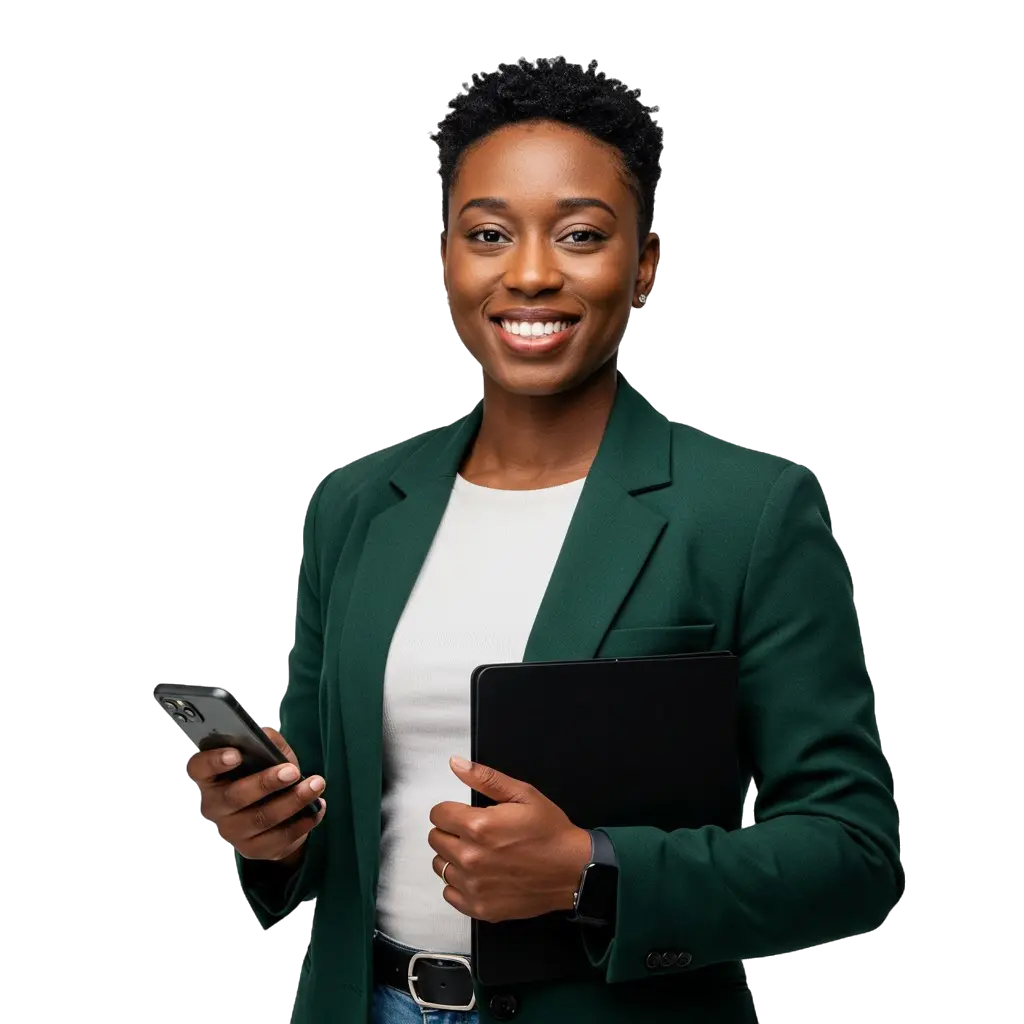 Confident businesswoman in a green suit holding a phone and a folder, symbolizing professionalism and success.