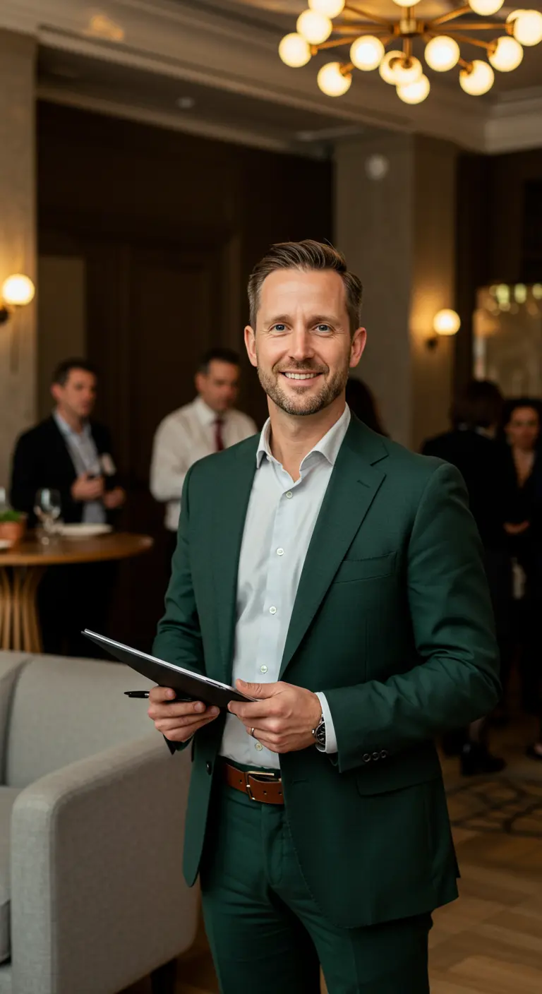 Smiling business professional holding a tablet at a networking event, representing confidence and successful connections.