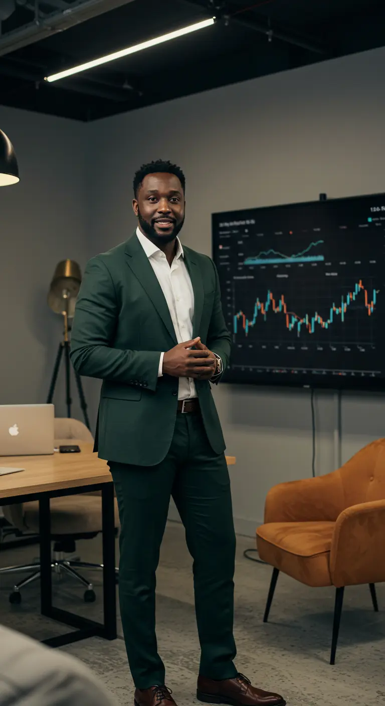 Confident businessman presenting market insights in a modern office, symbolizing business growth and strategy.