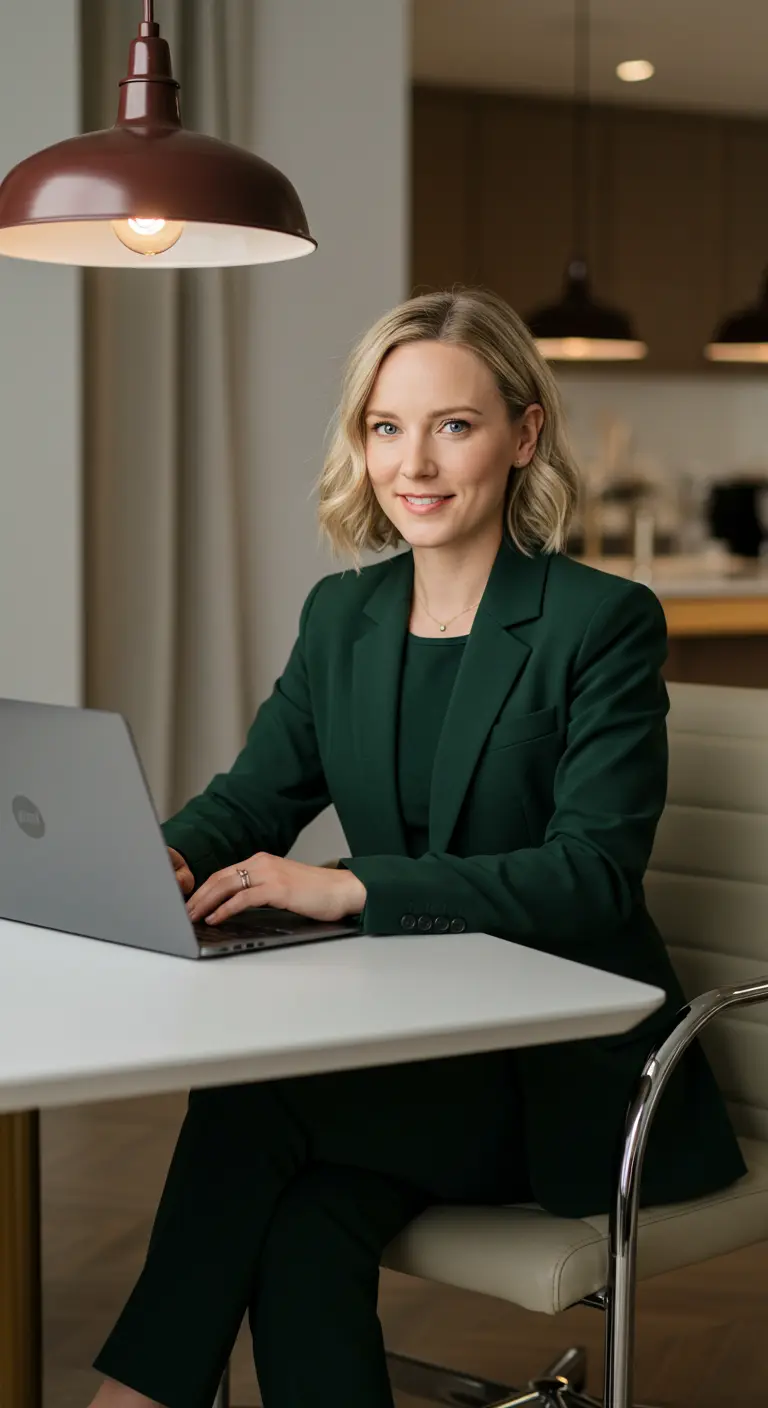 Professional woman in a green suit working on a laptop in a modern office, representing confidence and productivity.