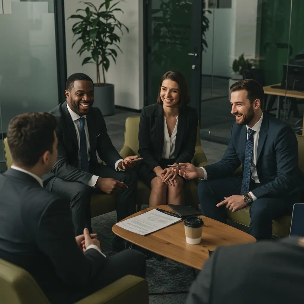 Group of business professionals having a productive networking discussion in a modern office setting.