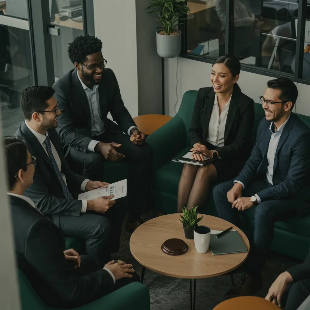 Diverse group of business professionals engaged in a networking discussion in a modern office setting.