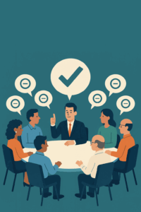 Illustration of a diverse business committee in a meeting, symbolizing the modern B2B influence ecosystem. A central figure gives a thumbs-up while surrounded by various stakeholders, reflecting the complexity of today's decision-making process. Flat, minimalist design with teal background.
