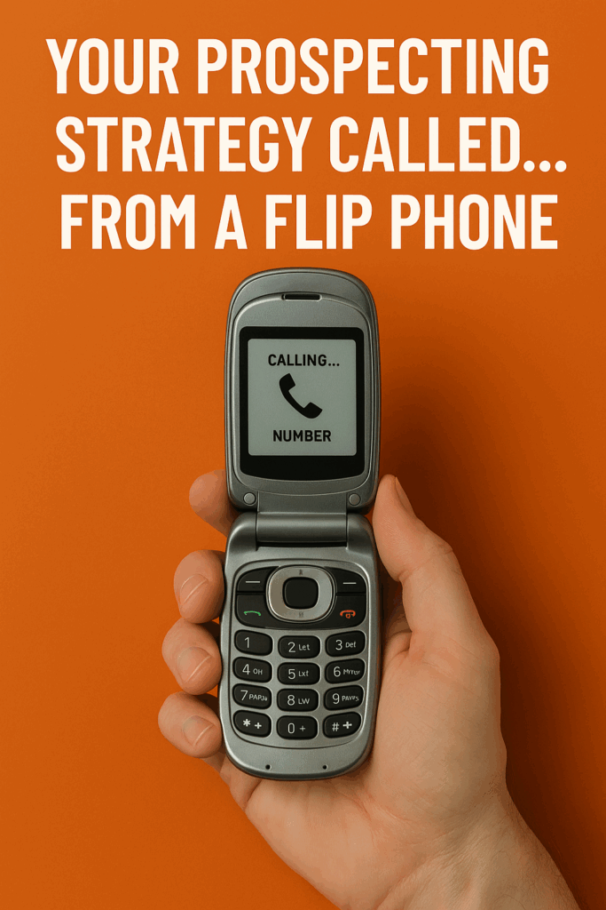 A hand holding an old silver flip phone on an orange background with the text “Your Prospecting Strategy Called...from a Flip Phone.”