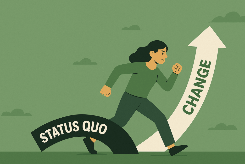 Woman walking away from status quo toward change, representing professional transformation and overcoming inertia bias