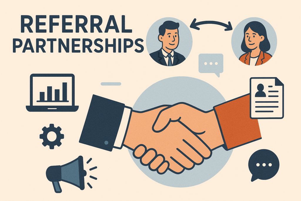 Infographic showing referral partnerships vs cold outreach with icons illustrating higher conversion rates