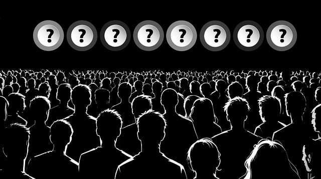 Crowd of anonymous silhouettes beneath question mark symbols, representing widespread confusion about the true meaning of business partnerships