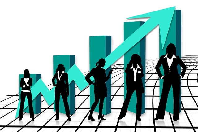 Business professionals silhouettes with rising bar chart showing growth trajectory