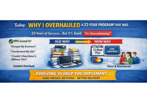 Horizontal infographic on why a referral-based prospecting program was redesigned after 23 years to improve clarity, structure, and implementation support.