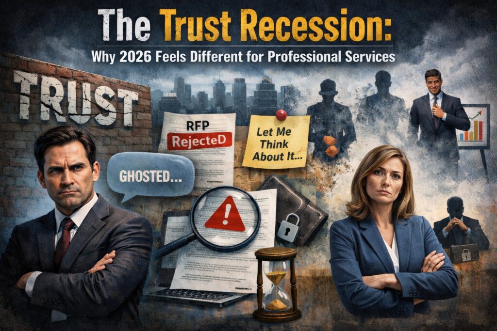 Conceptual illustration of the 2026 trust recession in professional services, with male and female executives displaying guarded body language amid rejected proposals, delayed decisions, and warning symbols in a tense business environment.