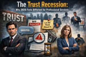 Conceptual illustration of the 2026 trust recession in professional services, with male and female executives displaying guarded body language amid rejected proposals, delayed decisions, and warning symbols in a tense business environment.