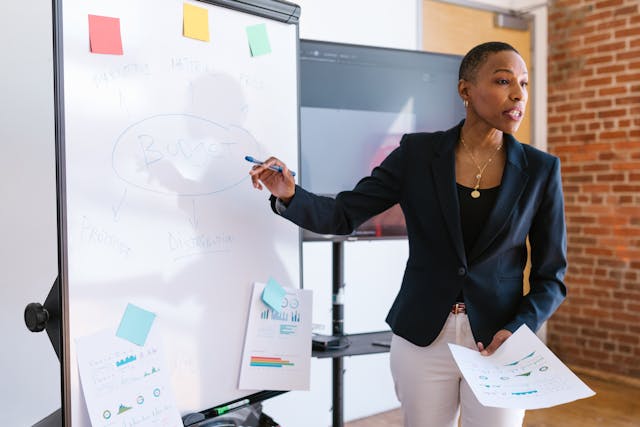 Female fractional executive in business attire presenting strategic plans on whiteboard with sticky notes and charts in collaborative workspace