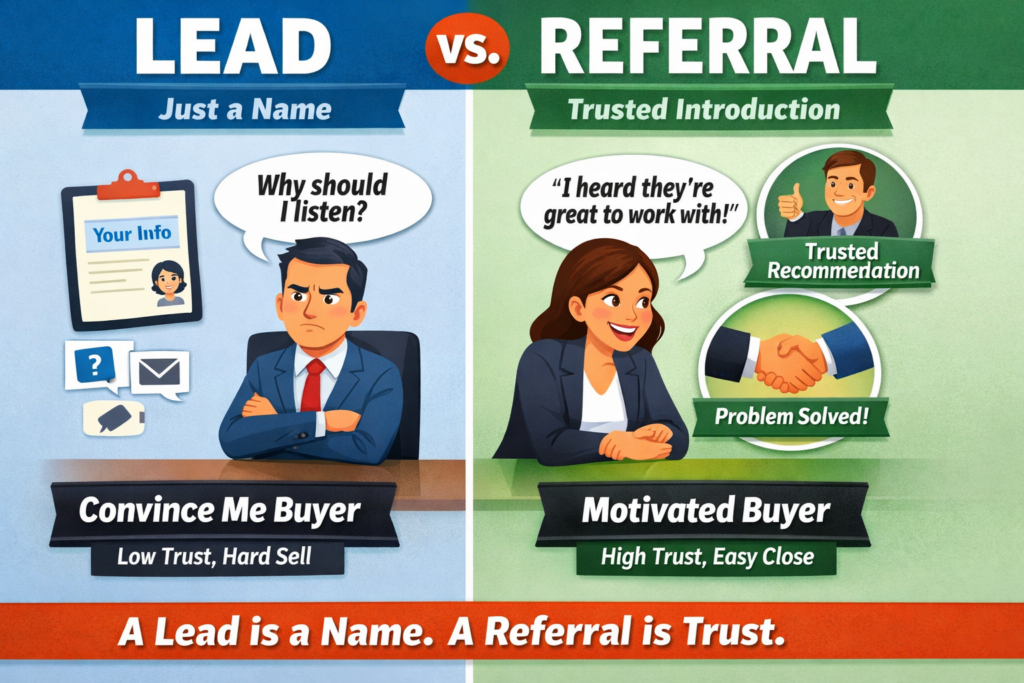 Visual comparison of a sales lead versus a referral, highlighting low trust buyers compared to high trust, motivated buyers.