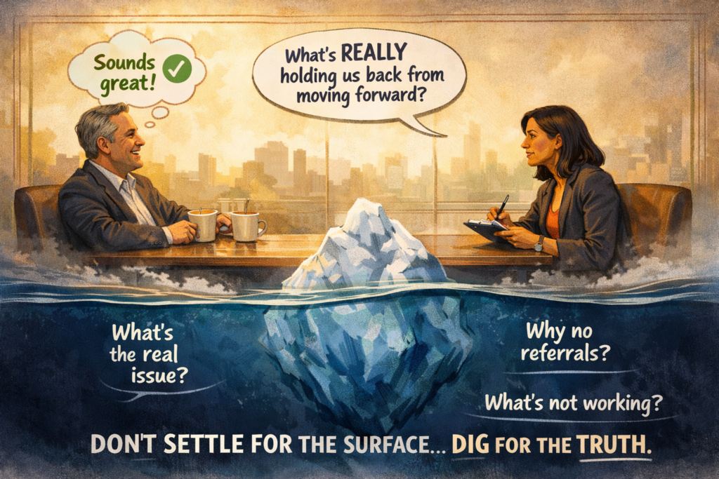 Business meeting illustration showing surface-level positivity contrasted with a submerged iceberg labeled with questions about referrals and what’s not working, emphasizing the importance of asking deeper, uncomfortable questions.