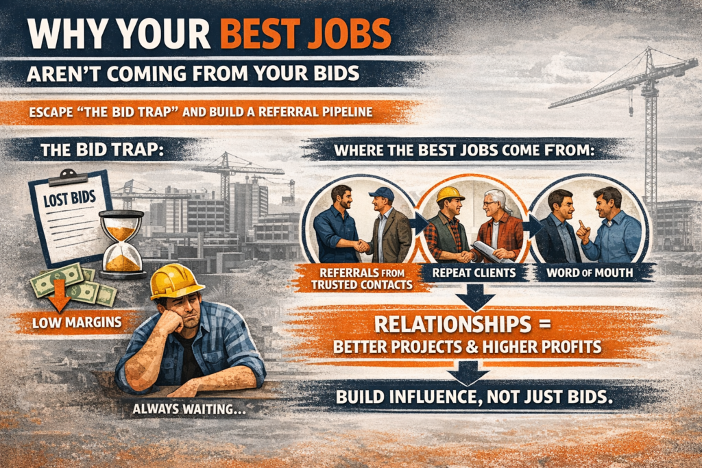 Horizontal infographic for contractors titled “Why Your Best Jobs Aren’t Coming From Your Bids,” contrasting the bid trap (lost bids, low margins, waiting) with relationship-driven growth through referrals, repeat clients, and word of mouth leading to better projects and higher profits.
