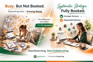 Minimalist horizontal banner showing a female fractional professional transitioning from a cluttered, overwhelmed workspace labeled “Busy But Not Booked” to a calm, organized desk labeled “Systematic. Strategic. Fully Booked,” with green and orange brand accents emphasizing strategic partnerships and repeatable delivery.