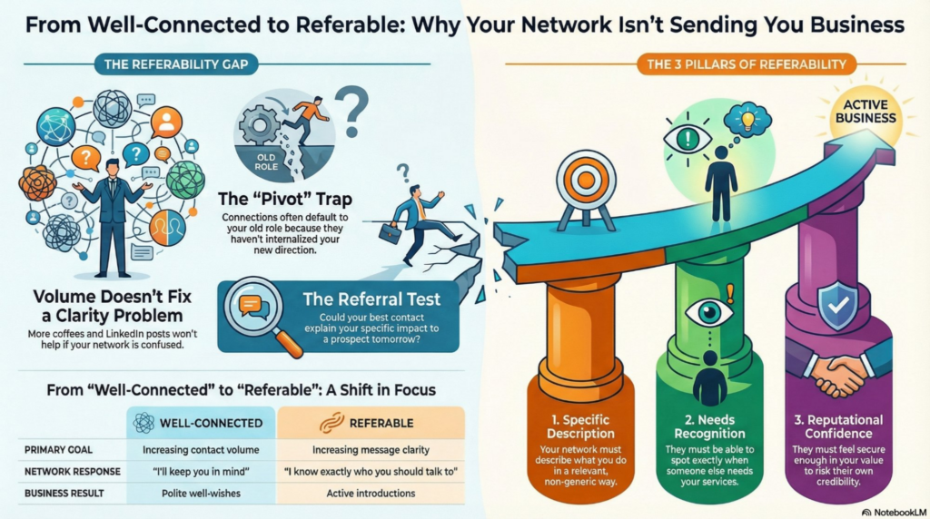Infographic illustrating the shift from being well-connected to being referable. The left side shows the Referability Gap, including the Pivot Trap where connections default to your old role, why volume doesn't fix a clarity problem, and the Referral Test asking if your best contact could explain your specific impact to a prospect. The right side shows the Three Pillars of Referability: Specific Description, Needs Recognition, and Reputational Confidence. A comparison table contrasts well-connected professionals who receive polite well-wishes with referable professionals who receive active introductions.
