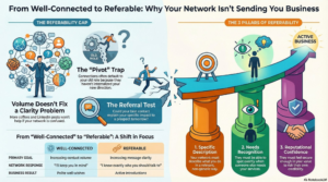 Infographic illustrating the shift from being well-connected to being referable. The left side shows the Referability Gap, including the Pivot Trap where connections default to your old role, why volume doesn't fix a clarity problem, and the Referral Test asking if your best contact could explain your specific impact to a prospect. The right side shows the Three Pillars of Referability: Specific Description, Needs Recognition, and Reputational Confidence. A comparison table contrasts well-connected professionals who receive polite well-wishes with referable professionals who receive active introductions.
