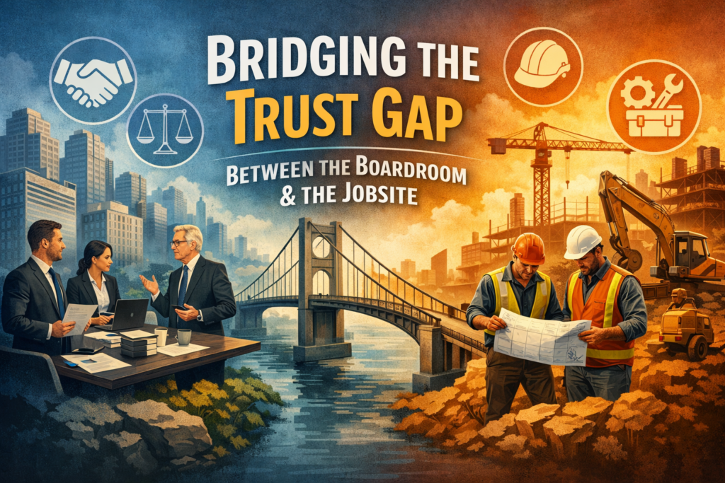 Illustration showing two worlds connected by a bridge: on the left, professionals in a boardroom discussing documents and strategy; on the right, construction workers reviewing blueprints at an active jobsite with cranes and equipment. Icons of a handshake, scales of justice, a hard hat, and tools appear above, symbolizing collaboration between professional advisors and construction teams.
