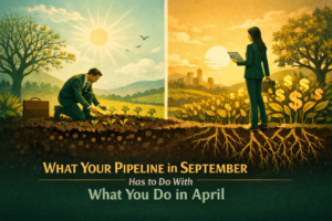 Business professionals planting relationship seeds in spring and harvesting referral opportunities later, illustrating how consistent prospecting today creates future pipeline growth.