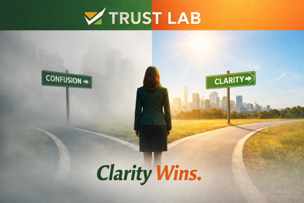 Professional woman standing at a crossroads between two paths — one disappearing into fog labeled “Confusion” and the other leading toward a bright city skyline labeled “Clarity” — with green and orange branding and the headline “Trust Lab – Clarity Wins.” The image symbolizes how clear messaging builds trust and wins business in uncertain markets.