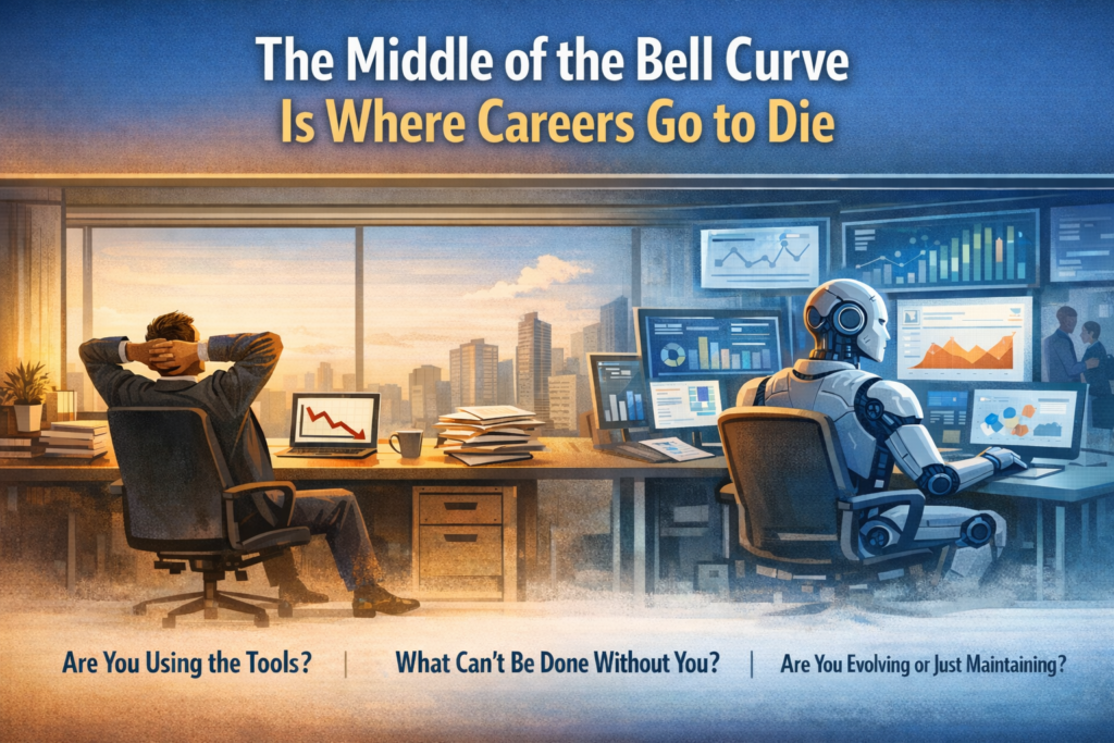 Illustration showing a relaxed office worker on one side and an AI-powered robot analyzing data on multiple screens on the other, with the headline “The Middle of the Bell Curve Is Where Careers Go to Die,” representing how AI is increasing productivity and putting pressure on average knowledge workers.