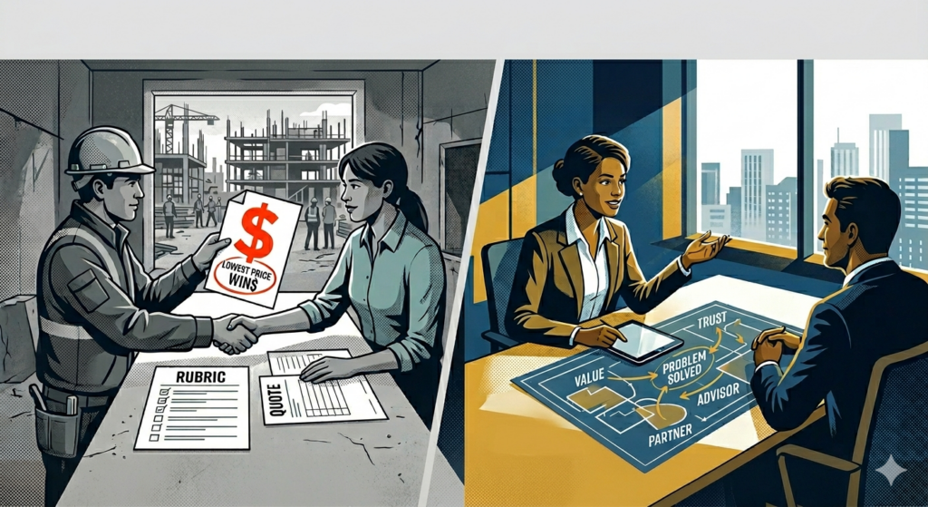 Split illustration contrasting two buyer relationships: on the left, a construction worker hands a buyer a quote marked 'Lowest Price Wins' with a rubric on the table — depicted in grayscale; on the right, a professional advisor engages a client in a strategic conversation, with a blueprint on the table labeled Trust, Value, Problem Solved, Advisor, and Partner — depicted in full color.