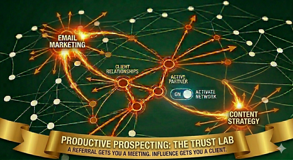 Productive Prospecting: The Trust Lab network visualization on a dark green background with glowing gold nodes labeled Email Marketing, Client Relationships, Active Partner, and Content Strategy, connected by gold arrows radiating through a dormant white network, with a gold ribbon banner reading: A referral gets you a meeting. Influence gets you a client.