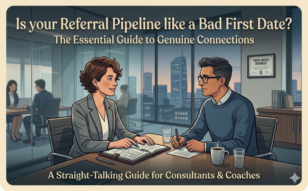 Two professionals in a meeting, reviewing a sales funnel diagram together — illustrating trust-based business development for consultants and coaches building referral pipelines.