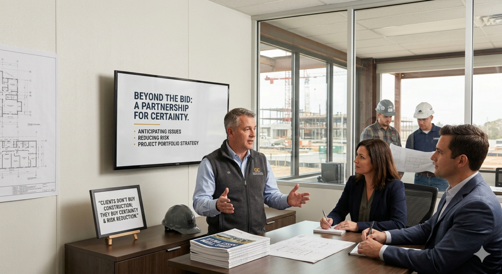 General contractor presenting a construction partnership strategy to developer clients, with a slide reading 'Beyond the Bid: A Partnership for Certainty — Anticipating Issues, Reducing Risk, Project Portfolio Strategy.