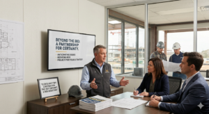 General contractor presenting a construction partnership strategy to developer clients, with a slide reading 'Beyond the Bid: A Partnership for Certainty — Anticipating Issues, Reducing Risk, Project Portfolio Strategy.