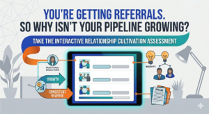 Promotional graphic with the headline 'You're Getting Referrals. So Why Isn't Your Pipeline Growing?' featuring a call to take the Interactive Relationship Cultivation Assessment, with illustrated icons representing fractional executives, growth, consistent revenue, insights, and pipeline development.