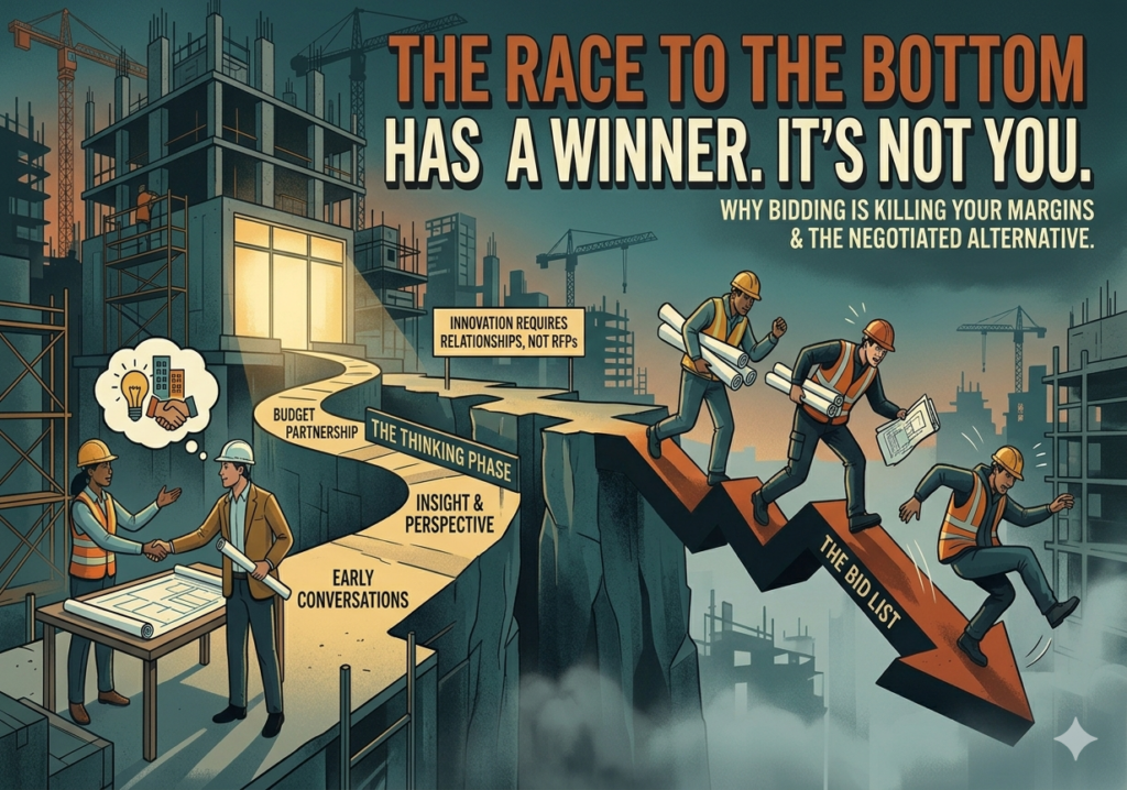 A construction industry illustration split into two contrasting paths. On the left, a contractor and owner collaborate at a blueprint table, with a winding road ahead marked by signposts reading "Early Conversations," "Insight & Perspective," "The Thinking Phase," "Budget Partnership," and "Innovation Requires Relationships, Not RFPs" — leading toward a lit building under construction. On the right, three contractors in hard hats race down a steep downward arrow labeled "The Bid List," tumbling toward the bottom. Bold headline text reads: "The Race to the Bottom Has a Winner. It's Not You. — Why Bidding Is Killing Your Margins & The Negotiated Alternative."
