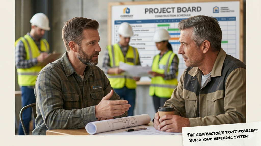A framed photograph of two male contractors having a focused business conversation at a table in a workshop, with a rolled-up blueprint and coffee. One contractor is gesturing with his hand. Behind them, several people in safety vests and hard hats work on a detailed project board with a schedule. The image has a white border with handwritten text on a white card that says: 'THE CONTRACTOR'S TRUST PROBLEM: BUILD YOUR REFERRAL SYSTEM.'
