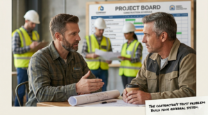 A framed photograph of two male contractors having a focused business conversation at a table in a workshop, with a rolled-up blueprint and coffee. One contractor is gesturing with his hand. Behind them, several people in safety vests and hard hats work on a detailed project board with a schedule. The image has a white border with handwritten text on a white card that says: 'THE CONTRACTOR'S TRUST PROBLEM: BUILD YOUR REFERRAL SYSTEM.'