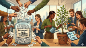 Split-scene illustration contrasting two approaches to professional networking: on the left, multiple hands drop business cards into a jar labeled 'The Numbers Game: Collecting Connections'; on the right, professionals tend a fruit-bearing tree labeled 'Value Deposits' while a tablet displays 'Leverage & Results' — representing the shift from collecting contacts to cultivating high-value referral partnerships.