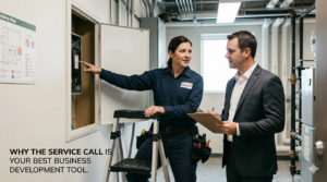 Contractor on a service call speaking with a facility manager, representing the business development