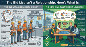An illustrative infographic, divided vertically, compares two business approaches: "THE OLD WAY: COMMODITY BID LIST" (left) and "THE NEW WAY: PARTNERSHIP LEVERAGE" (right). On the left side, under a banner title of "The Bid List Isn’t a Relationship. Here’s What Is," a line of construction workers, some appearing frustrated, are waiting with stacks of bid forms in a queue to a counter labeled "GENERAL CONTRACTOR" with "SUBMIT BID" and "LOW PRICE WINS" signs. A very large pile of generic bid forms is shown next to them. Accompanying text labels state: "Being on the bid list feels like progress", "Most of the time, you lose", "It's a commodity position", "Levers: price, schedule", and "Auditioning, not differentiating". On the right side, labeled "THE NEW WAY: PARTNERSHIP LEVERAGE," a group of diverse professionals are seated at a modern table, collaborating over a blueprint. They are shaking hands over a central handshake icon, which is labeled "TRUST." A thought bubble above them contains four icons: "EARLY CONVERSATIONS" (phone and calendar), "SOLVING PROBLEMS" (gears and question mark), "REFERRALS" (connected arrows), and "JOINT STRATEGY" (gears and team). Through a large window behind them, a multi-story building is actively under construction, with a large tower crane visible. Right-side text labels list the benefits: "Called before the bid goes out", "Deeper in fewer relationships", "Most trusted, not cheapest", "Attract work, don't chase", and "Make the bid irrelevant". In the bottom-right corner, a button reads "BOOK CALL" and next to it, "[BOOK YOUR 20-MINUTE CALL]