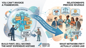 An infographic illustrating a "network-first" approach for fractional executives, split into two sides: "The Mistake" and "The Solution." On the left side, labeled "Build First, Sell Second: The Most Expensive Mistake," a lone executive works inside a glass dome titled "The Vacuum," building a structure of gears and files labeled "Methodology," "Deliverables," "Pricing Tiers," and "Onboarding Process." An adjacent sign says "Stop Building In Isolation." A small figure labelled "client" walks away with generic papers, illustrating underwhelming results. Large text at the top reads "You Can't Invoice A Framework." A large, light blue arrow swoops across the center, pointing from left to right, containing the text: "Invert The Sequence: Start With Relationships." The right side, titled "What Network-First Actually Looks Like," shows a group of diverse professionals engaging in collaborative conversation. Speech bubbles with icons represent "Trust," "Asking The Right Questions," and "Making Them Feel Understood," linked to "In The Room" and "Ideal Client." A growing, collaborative structure is labeled "Build What They Need." Large text at the top reads "Relationships Precede Revenue."