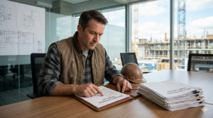"A male construction professional, dressed in a plaid shirt and vest, is seated at a conference table, looking down intently at a document labeled 'PREFERRED PARTNERS SHORT LIST' and pointing with his finger. To his right sits a large, binder-clipped stack of documents labeled 'UNSOLICITED BIDS'. Behind him, a glass-walled office reveals a blurred construction site in the distance."
