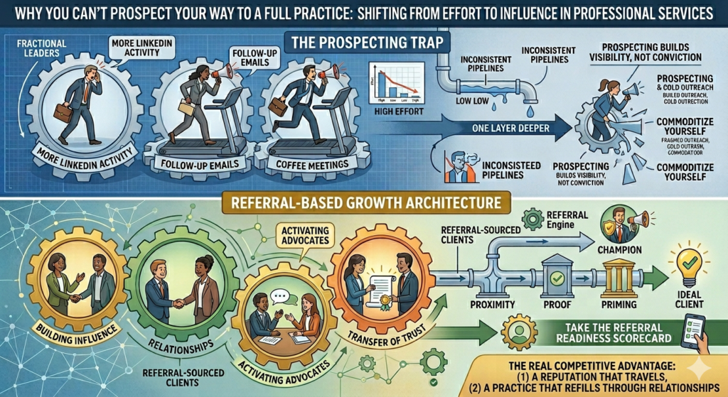 Professional services leader reviewing pipeline with insight that referrals drive growth