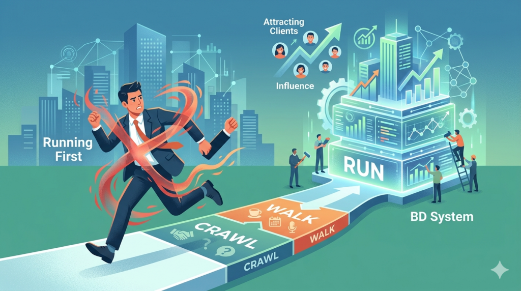 An illustration in blue, orange, and red tones depicts a path to success labeled 'CRAWL,' 'WALK,' and 'RUN' on the floor, leading to a large building structure. On the far left, a man in a business suit is running, but is blocked by large, fiery red energy swirling around him. The phrase 'Running First' is in white text to the left. Small figures are working with construction tools on the 'RUN' structure, which has graphs and data displayed. At the top right, 'Attracting Clients' and 'Influence' are in white text above profile photos of five people with lines and upward-pointing arrows between them, with icons of bar graphs and arrows further up.