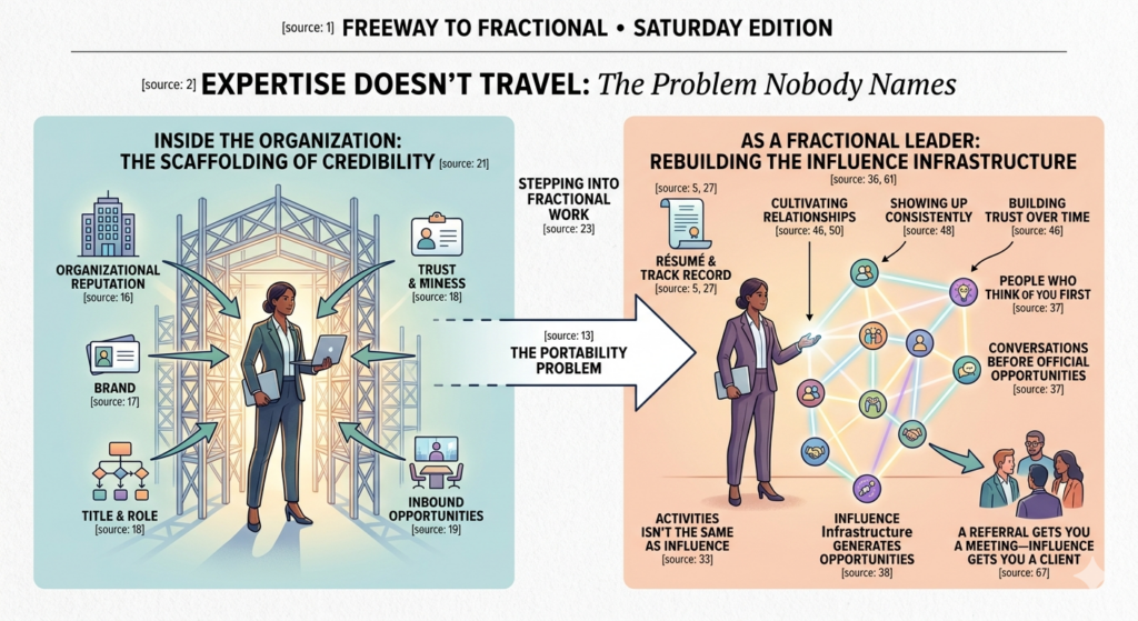 An infographic titled "FREEWAY TO FRACTIONAL • SATURDAY EDITION," sub-titled "EXPERTISE DOESN'T TRAVEL: The Problem Nobody Names." The image is a split-panel illustration comparing a corporate career to a fractional career path.
