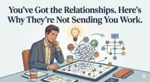 Professional reviewing a tangled network map that transforms into a clear referral flowchart, illustrating why relationship activation matters more than connection volume
