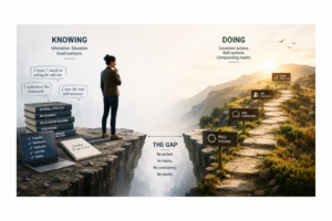 Wide editorial illustration showing a professional standing on the edge of a cliff labeled “Knowing,” surrounded by books, courses, webinars, and notes about referral strategy and networking, while looking across a deep gap toward a sunlit path labeled “Doing.” The opposite side features signs for building systems, having conversations, asking consistently, and creating strong referral flow, symbolizing the gap between knowledge and consistent execution in professional services.