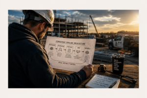 Construction contractor reviewing a “consistent pipeline architecture” diagram at a job site, illustrating how relationships, referrals, and systems create predictable work beyond reactive bidding.