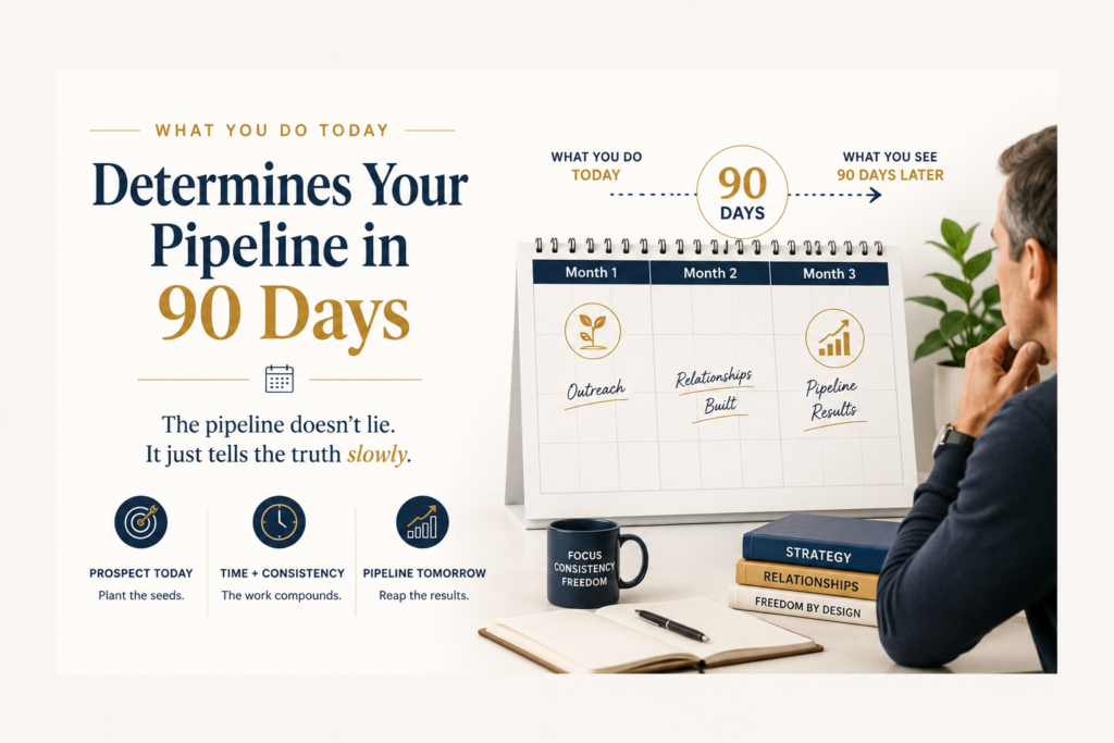 Fractional executive reviewing a 90-day pipeline calendar illustrating how consistent prospecting habits, referral conversations, and relationship-building activities today create future client opportunities and predictable revenue growth.