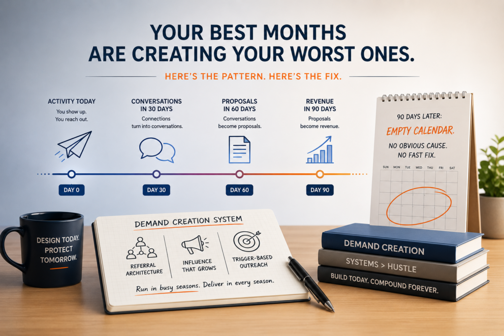 Infographic titled "Your Best Months Are Creating Your Worst Ones" showing the 90-day pipeline lag: Activity Today leads to Conversations in 30 Days, Proposals in 60 Days, and Revenue in 90 Days — followed by an empty calendar marked "90 Days Later: Empty Calendar. No Obvious Cause. No Fast Fix." A notepad in the foreground illustrates the Demand Creation System with three components: Referral Architecture, Influence That Grows, and Trigger-Based Outreach, with the tagline "Run in busy seasons. Deliver in every season.