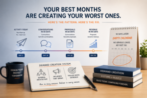 Infographic titled "Your Best Months Are Creating Your Worst Ones" showing the 90-day pipeline lag: Activity Today leads to Conversations in 30 Days, Proposals in 60 Days, and Revenue in 90 Days — followed by an empty calendar marked "90 Days Later: Empty Calendar. No Obvious Cause. No Fast Fix." A notepad in the foreground illustrates the Demand Creation System with three components: Referral Architecture, Influence That Grows, and Trigger-Based Outreach, with the tagline "Run in busy seasons. Deliver in every season.