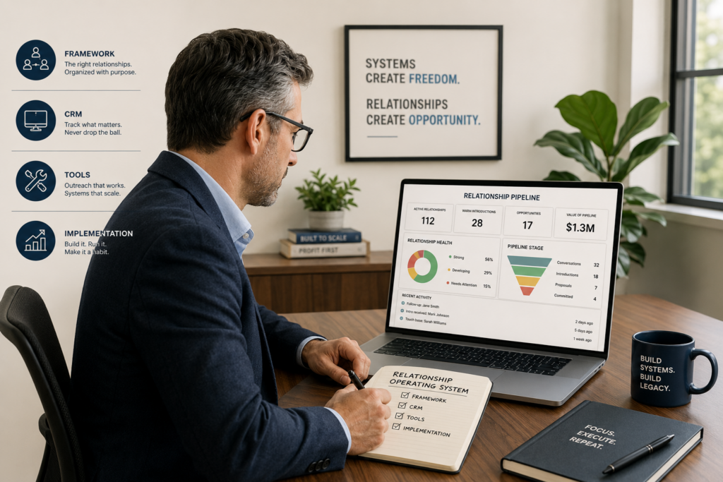 Fractional executive at desk reviewing client relationship dashboard and pipeline strategy